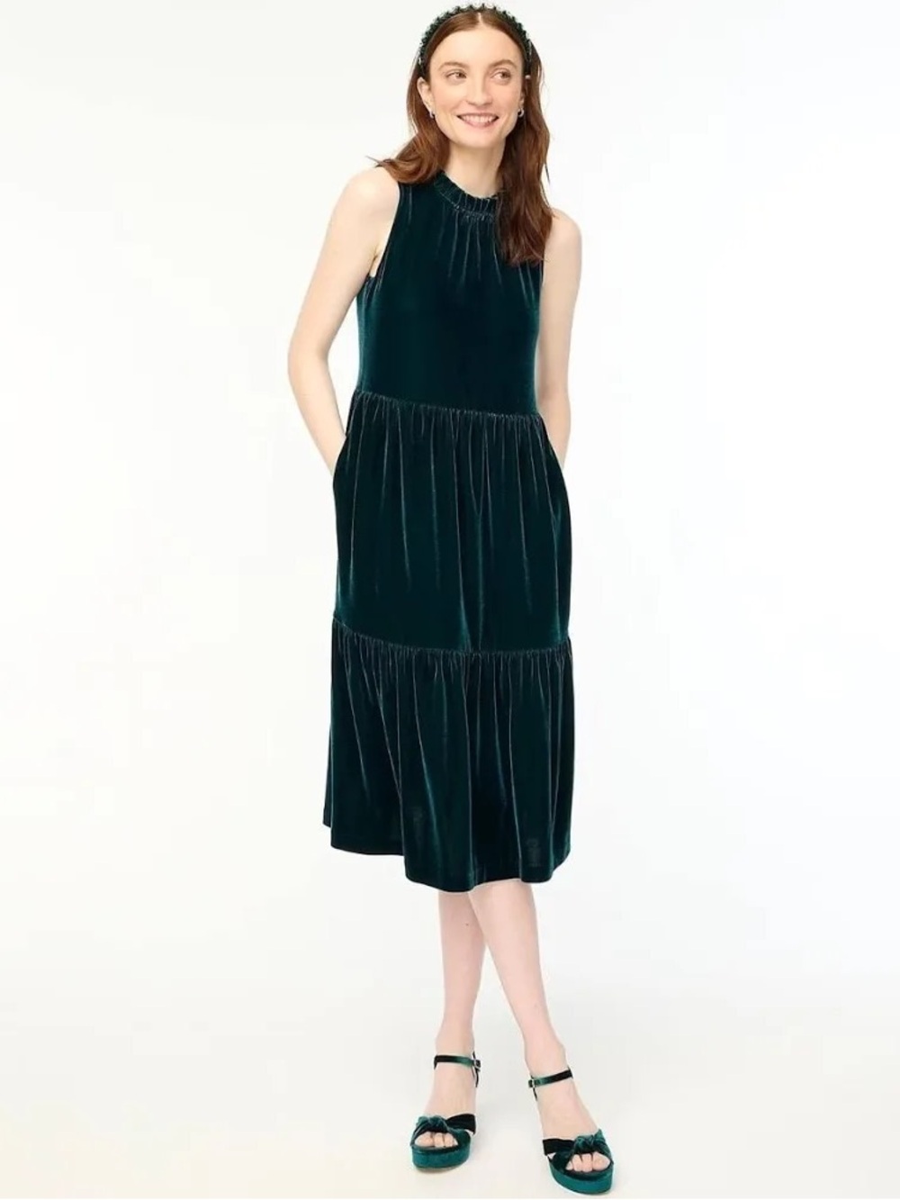 Velvet Tiered Sleeveless Dress - Forest Green